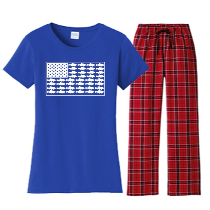 American Flag Fishes Gift Women's Flannel Pajama Set