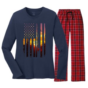 American Flag Fish Fisher Fisherman Funny Bass Fishing Usa Women's Long Sleeve Flannel Pajama Set 