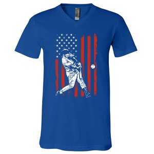 American Flag Funny Retro Baseball Lover Batter Baseball Cute Gift V-Neck T-Shirt