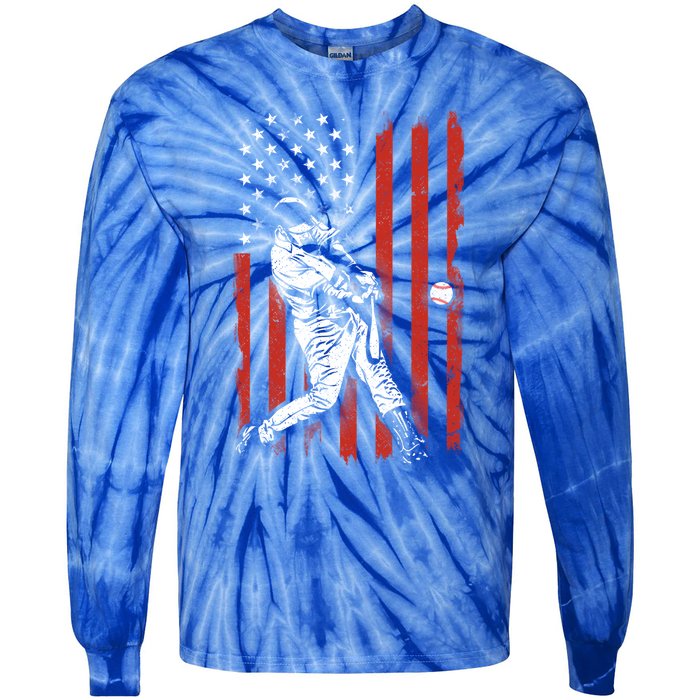 American Flag Funny Retro Baseball Lover Batter Baseball Cute Gift Tie-Dye Long Sleeve Shirt