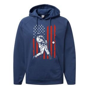 American Flag Funny Retro Baseball Lover Batter Baseball Cute Gift Performance Fleece Hoodie