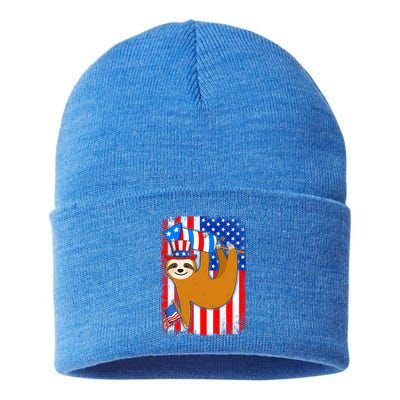 American Flag Funny Sloth 4th Of July Cousin Gift Sustainable Knit Beanie