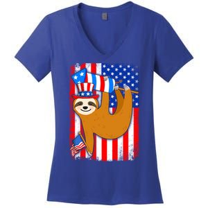 American Flag Funny Sloth 4th Of July Cousin Gift Women's V-Neck T-Shirt