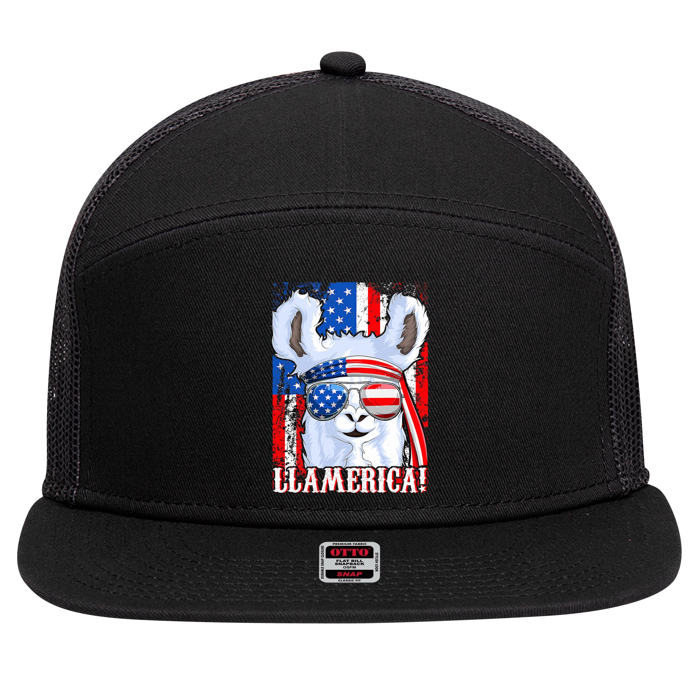 American Flag Funny 4th Of July Llamerica 7 Panel Mesh Trucker Snapback Hat