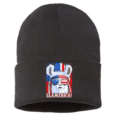American Flag Funny 4th Of July Llamerica Sustainable Knit Beanie
