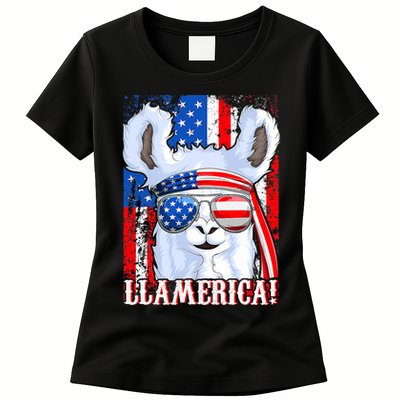 American Flag Funny 4th Of July Llamerica Womens T-Shirt