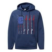 American Flag Fishing Rod Fishing Lover Performance Fleece Hoodie