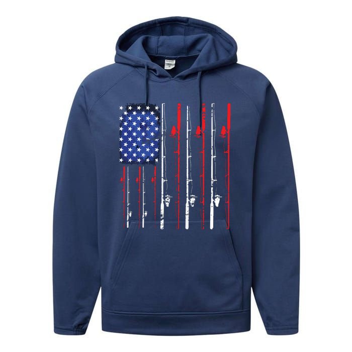 American Flag Fishing Rod Fishing Lover Performance Fleece Hoodie