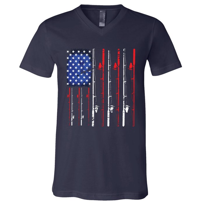 American Flag Fishing Rod Fishing Lover V-Neck T-Shirt