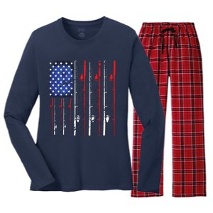 American Flag Fishing Rod Fishing Lover Women's Long Sleeve Flannel Pajama Set 