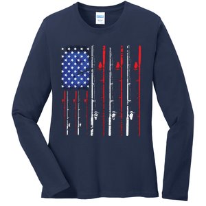 American Flag Fishing Rod Fishing Lover Ladies Long Sleeve Shirt