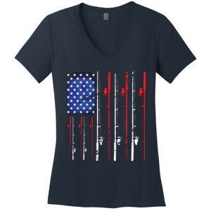 American Flag Fishing Rod Fishing Lover Women's V-Neck T-Shirt