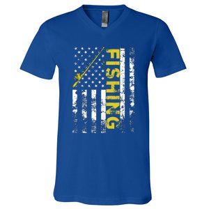 American Flag Fishing Rod Usa Patriotic Funny Gift V-Neck T-Shirt