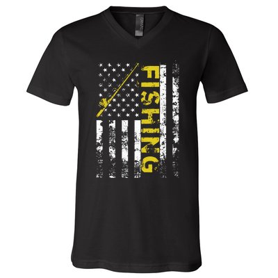 American Flag Fishing Rod USA Patriotic V-Neck T-Shirt