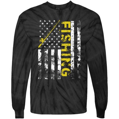 American Flag Fishing Rod USA Patriotic Tie-Dye Long Sleeve Shirt