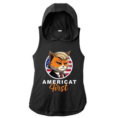 Americat First Funny Patriotic America Cat President Outfit Ladies PosiCharge Tri-Blend Wicking Draft Hoodie Tank