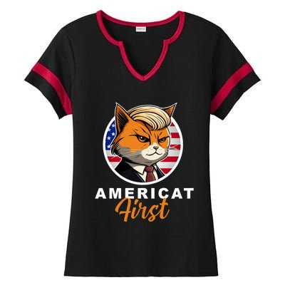 Americat First Funny Patriotic America Cat President Outfit Ladies Halftime Notch Neck Tee