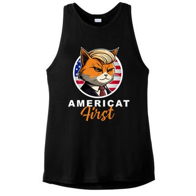 Americat First Funny Patriotic America Cat President Outfit Ladies PosiCharge Tri-Blend Wicking Tank