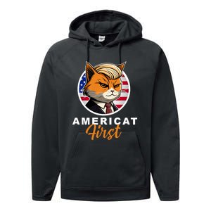 Americat First Funny Patriotic America Cat President Outfit Performance Fleece Hoodie