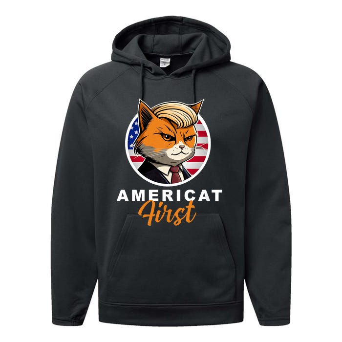 Americat First Funny Patriotic America Cat President Outfit Performance Fleece Hoodie