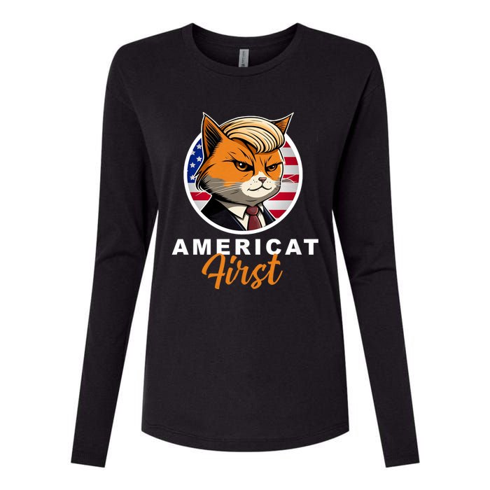 Americat First Funny Patriotic America Cat President Outfit Womens Cotton Relaxed Long Sleeve T-Shirt