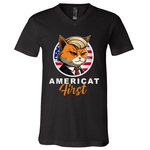 Americat First Funny Patriotic America Cat President Outfit V-Neck T-Shirt