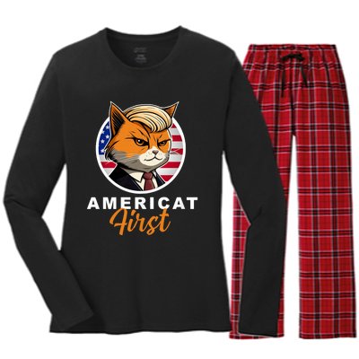 Americat First Funny Patriotic America Cat President Outfit Women's Long Sleeve Flannel Pajama Set 