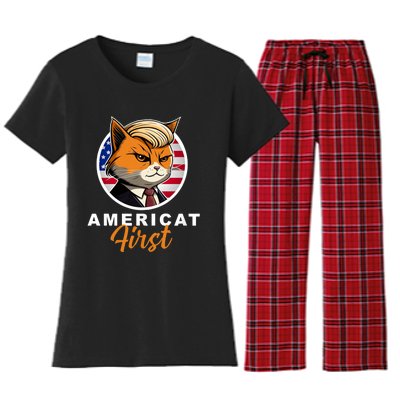 Americat First Funny Patriotic America Cat President Outfit Women's Flannel Pajama Set