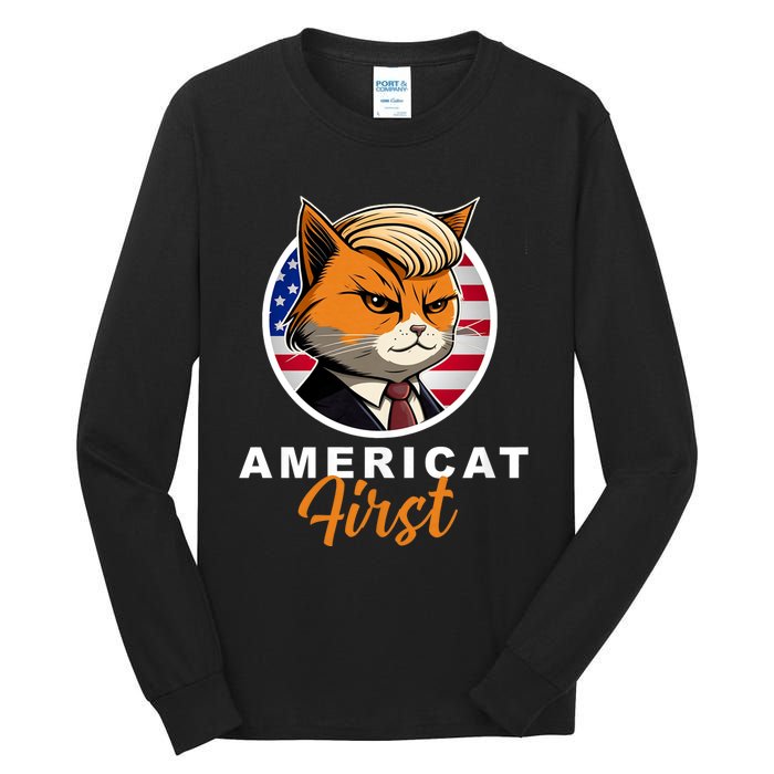 Americat First Funny Patriotic America Cat President Outfit Tall Long Sleeve T-Shirt