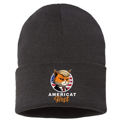 Americat First Funny Patriotic America Cat President Outfit Sustainable Knit Beanie