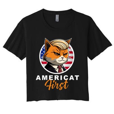 Americat First Funny Patriotic America Cat President Outfit Women's Crop Top Tee