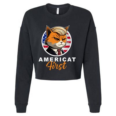 Americat First Funny Patriotic America Cat President Outfit Cropped Pullover Crew