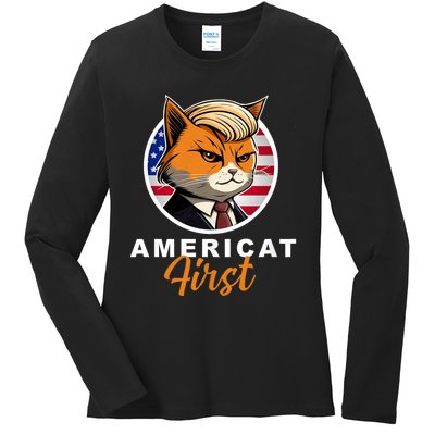 Americat First Funny Patriotic America Cat President Outfit Ladies Long Sleeve Shirt