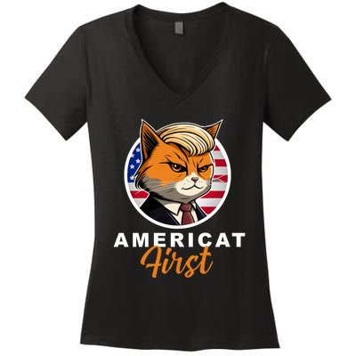 Americat First Funny Patriotic America Cat President Outfit Women's V-Neck T-Shirt