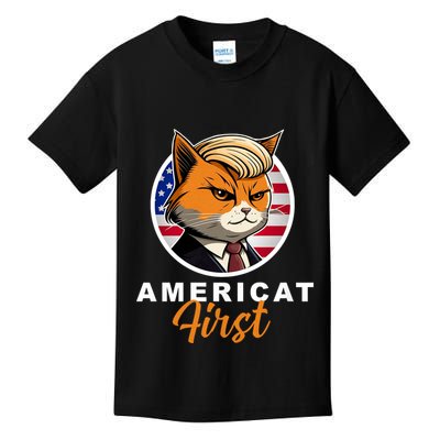 Americat First Funny Patriotic America Cat President Outfit Kids T-Shirt