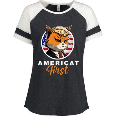 Americat First Funny Patriotic America Cat President Outfit Enza Ladies Jersey Colorblock Tee