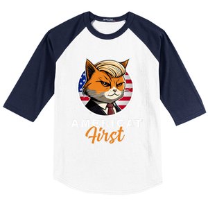 Americat First Funny Patriotic America Cat President Outfit Baseball Sleeve Shirt