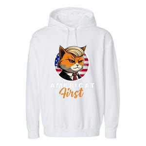 Americat First Funny Patriotic America Cat President Outfit Garment-Dyed Fleece Hoodie