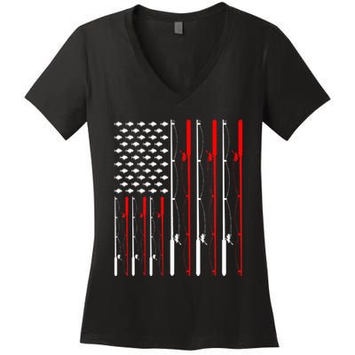American Flag Fishing Rod Fishing Lover Women's V-Neck T-Shirt