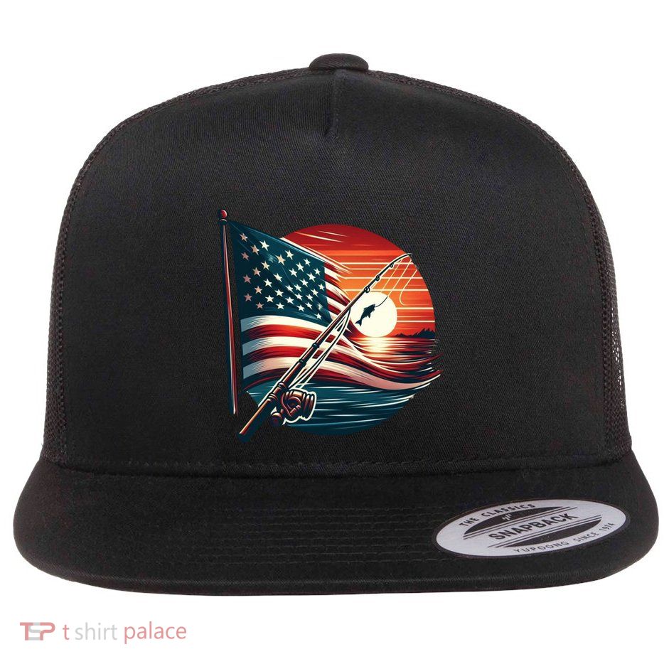 American Flag Fish Fisher Fisher Funny Bass Fishing Usa Gift Flatbill Hat