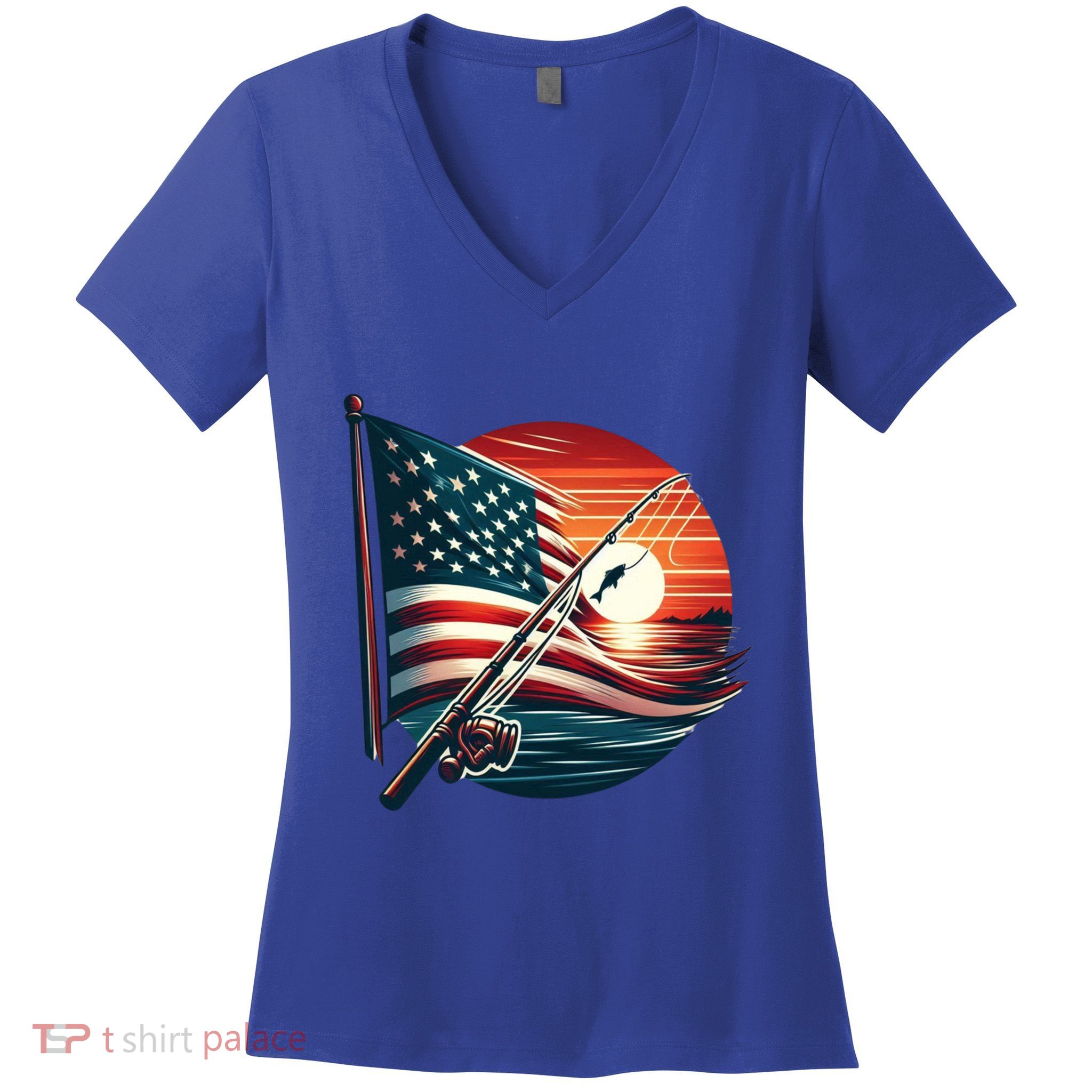 American Flag Fish Fisher Fisher Funny Bass Fishing Usa Gift Women's V-Neck T-Shirt