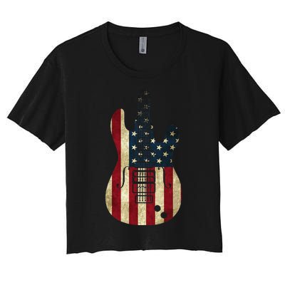 American Flag Guitar 4th of July Patriotic Tee Great Gift Women's Crop Top Tee