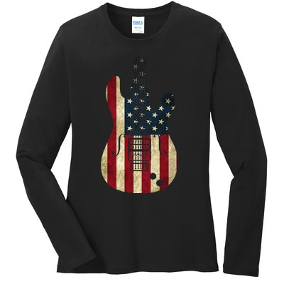 American Flag Guitar 4th of July Patriotic Tee Great Gift Ladies Long Sleeve Shirt