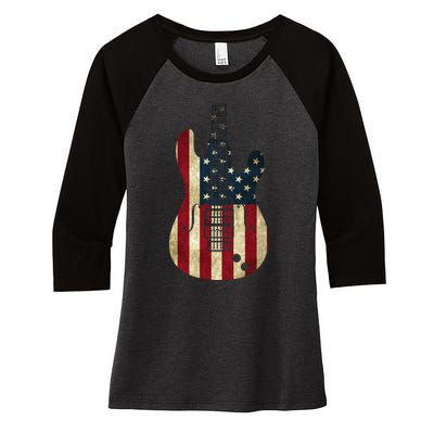 American Flag Guitar 4th of July Patriotic Tee Great Gift Women's Tri-Blend 3/4-Sleeve Raglan Shirt