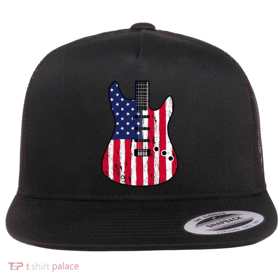 American Flag Guitar Funny Usa Guitarist Outfit Flatbill Hat