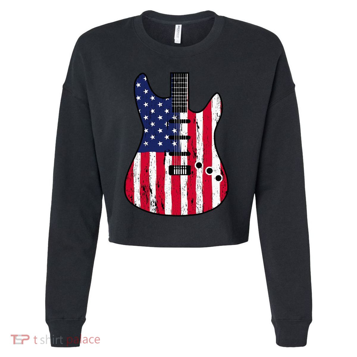 American Flag Guitar Funny Usa Guitarist Outfit Cropped Pullover Crew