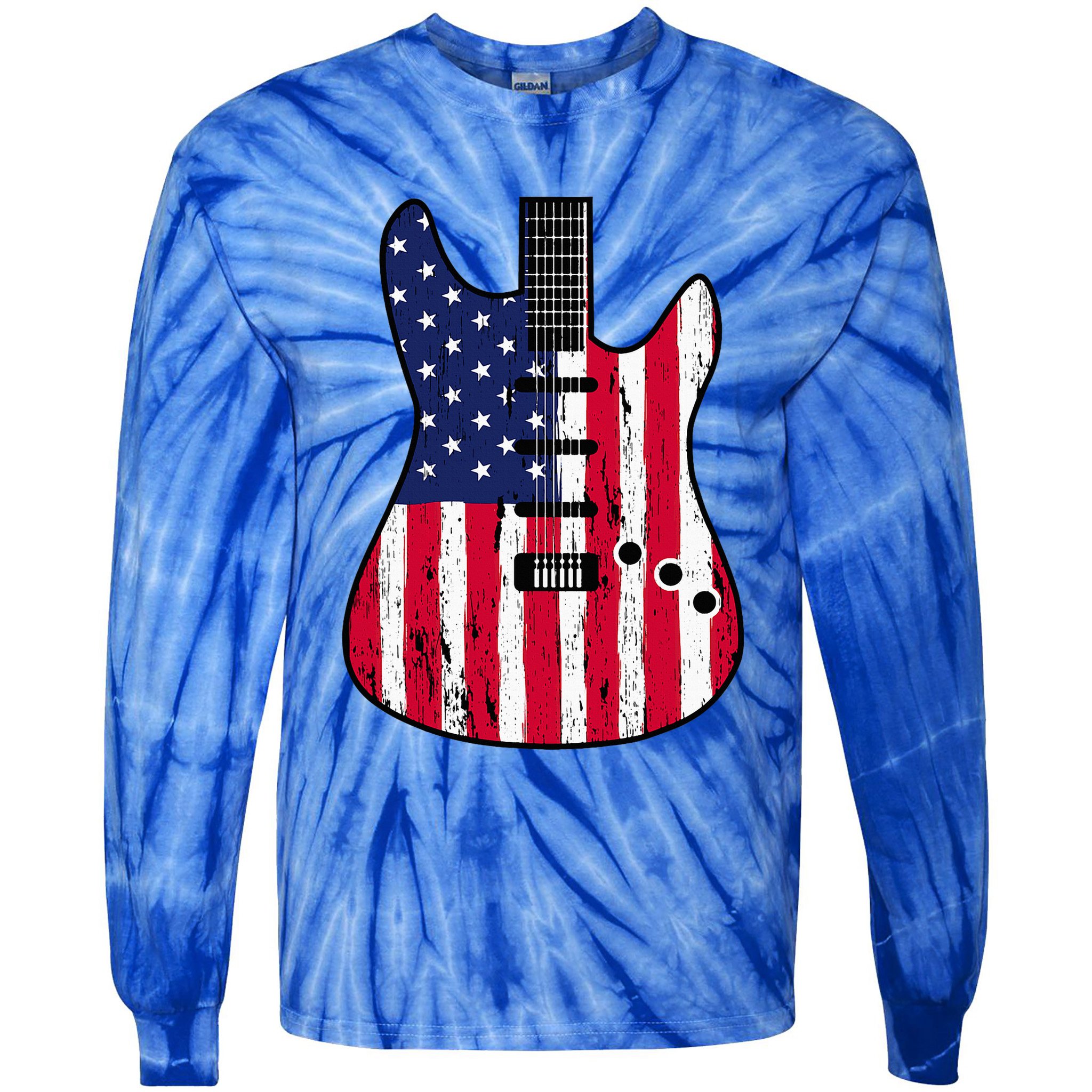 American Flag Guitar Funny Usa Guitarist Outfit Tie-Dye Long Sleeve Shirt