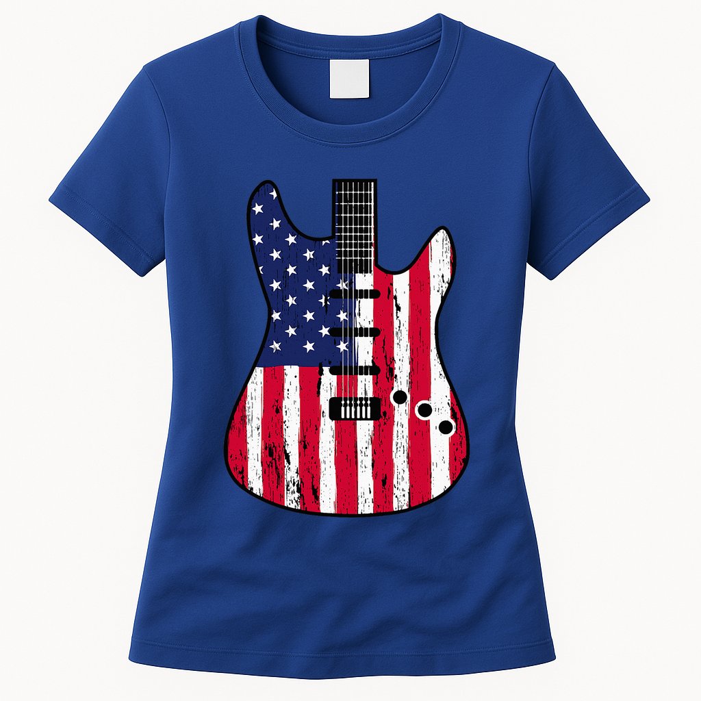 American Flag Guitar Funny Usa Guitarist Outfit Womens T-Shirt