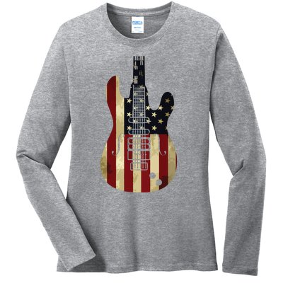 American Flag Guitar 4th Of July Patriotic Tee Great Gift Ladies Long Sleeve Shirt