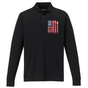 American Flag Guitar Red White Patriotic Music Lover Performance Long Sleeve Polo